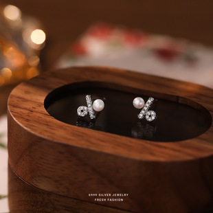 百分比符号淡水珍珠耳钉女s999纯银轻奢感百搭足银耳饰微镶