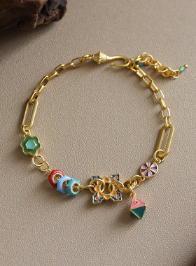 秋冬原创复古时尚精致滴油珐琅花朵手链轻奢小众感百搭手饰女