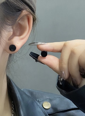 钛钢耳饰 925银针 黑色双面耳钉男女同款简约百搭日韩耳环E0608