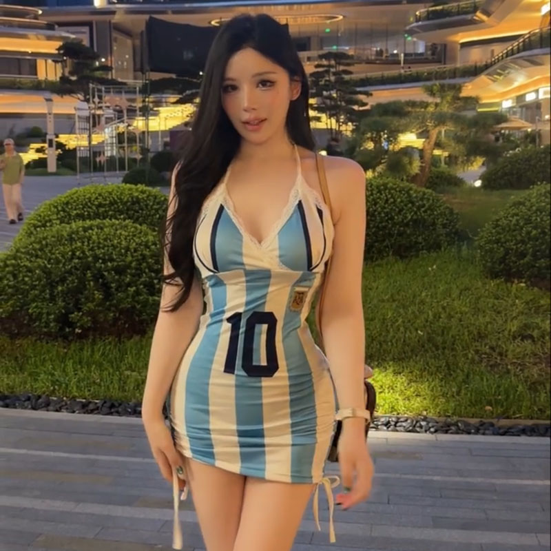 性感蓝白条纹吊带连衣裙女夏修身短裙绑带足球宝贝风