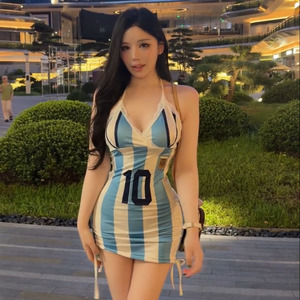 性感蓝白条纹吊带连衣裙女夏修身短裙绑带足球宝贝风