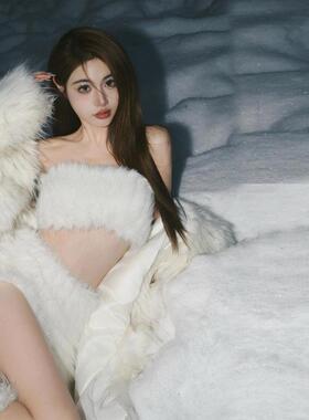 拍照氛围感毛茸茸套装女纯欲风抹胸背心上衣半身裙甜美辣妹一整套