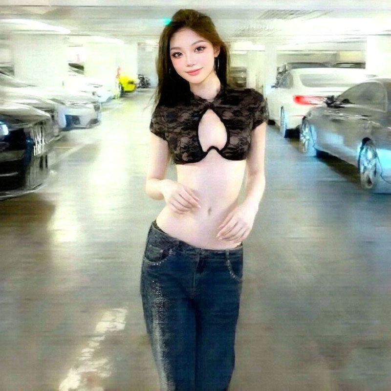 欧美性感辣妹风心机镂空黑色蕾丝短袖T恤女显瘦高腰露脐上衣