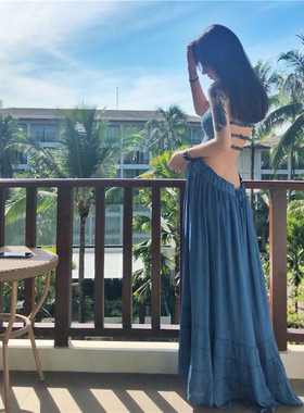 性感波西米亚露背大摆飘逸连衣裙显瘦沙滩长裙海边度假巴厘岛女