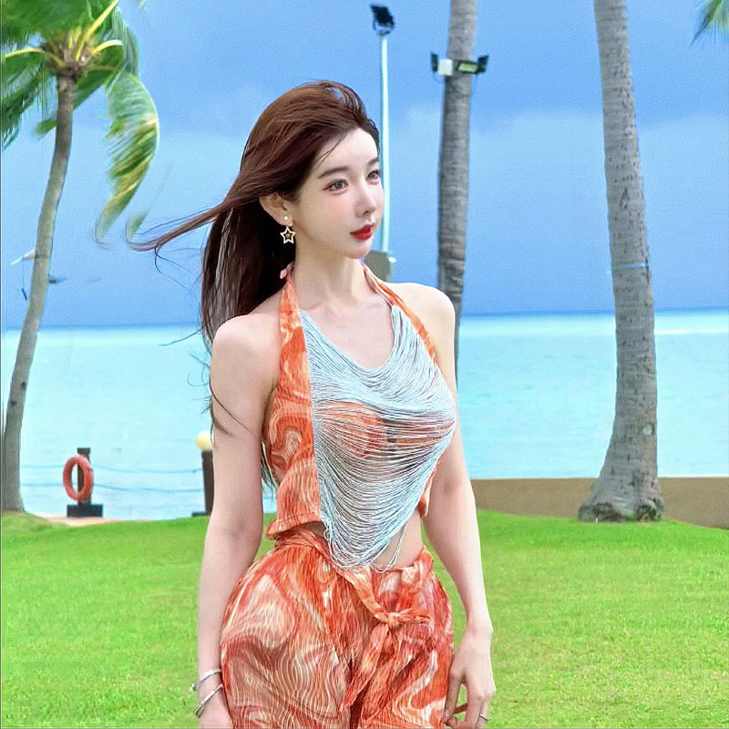 波西米亚度假风比基尼四件套女挂脖性感分体泳衣海边度假