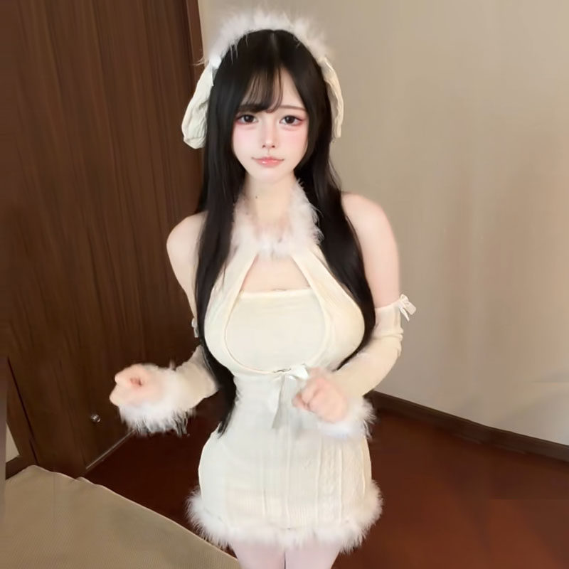 夜店舞蹈演出性感辣妹针织V领毛绒连衣裙女束腰显身材包臀短裙女