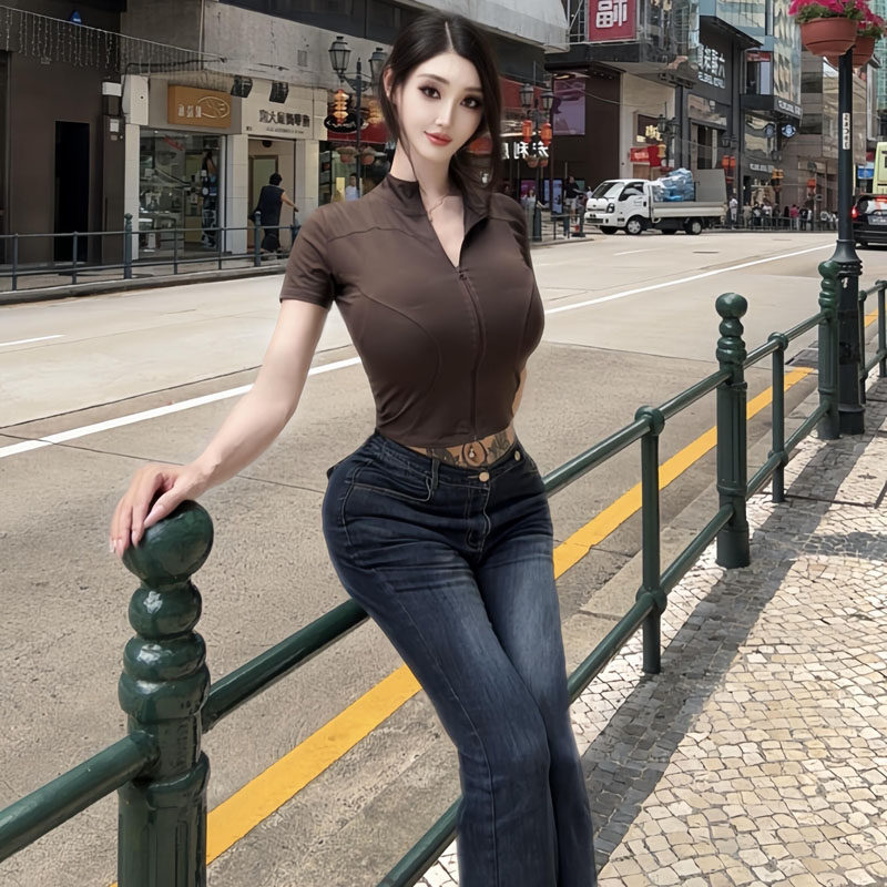 性感日常百搭拉链翻领短袖T恤女收腰显瘦小众束腰型上衣瑜伽女装