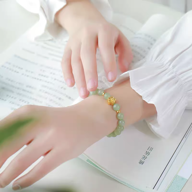 清仓捡漏18K金桃花手链和田玉色