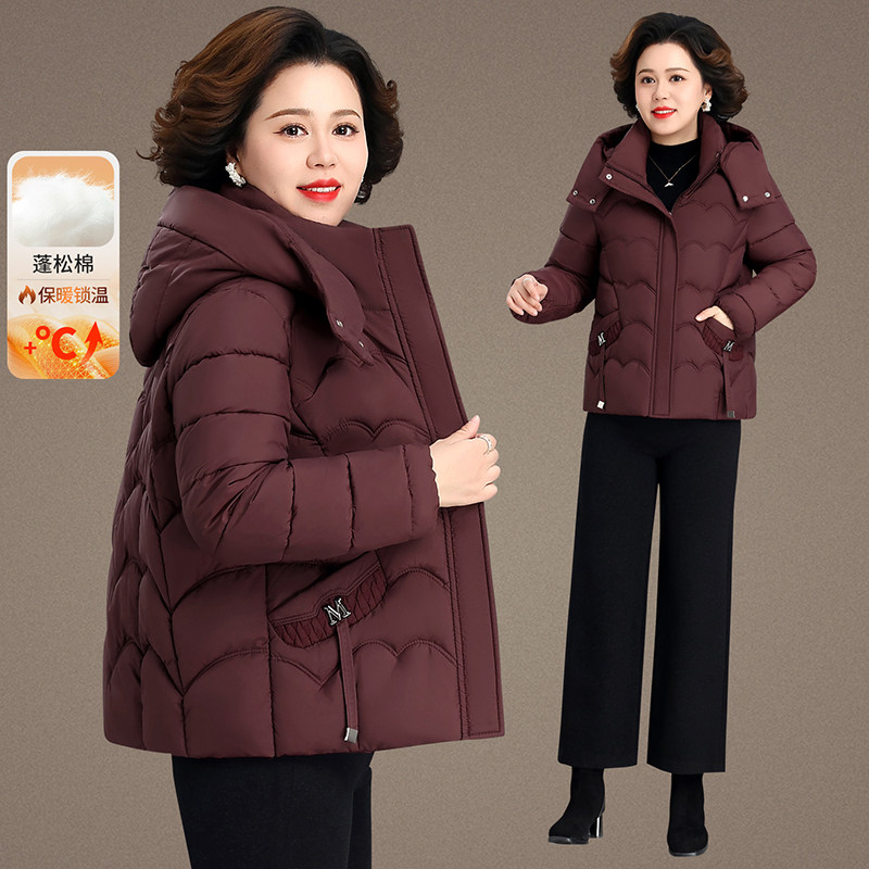 中老年女加厚保暖连帽宽松棉服