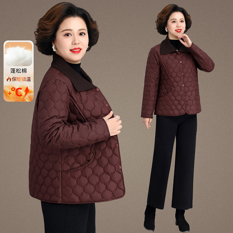 中老年女加厚保暖翻领单排扣棉服