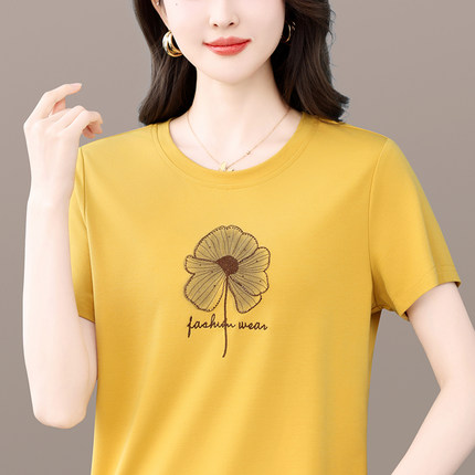 休闲风圆领短袖T恤女2026新款花卉刺绣薄款百搭显瘦上衣