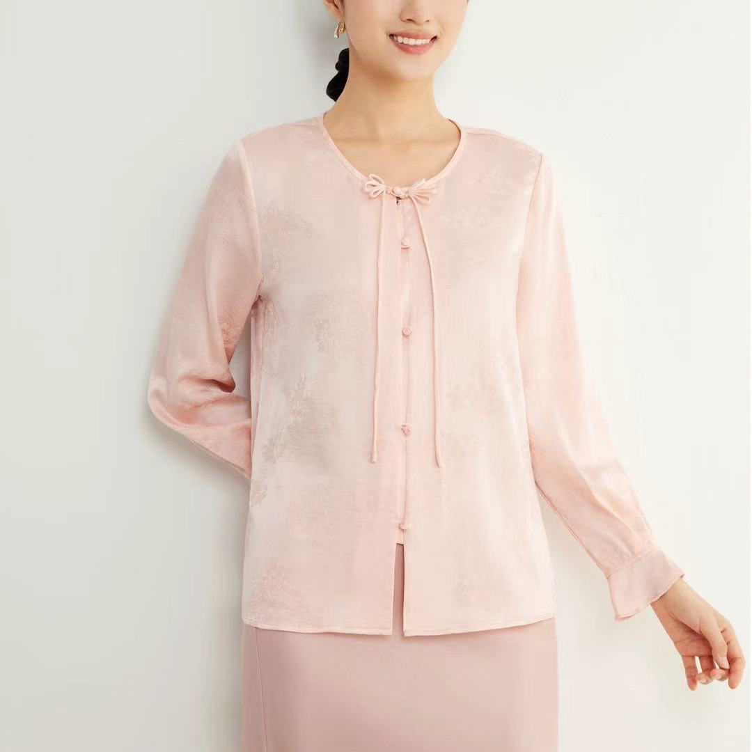 米瑞多娜  提花长袖衬衫 真丝桑蚕丝女上衣