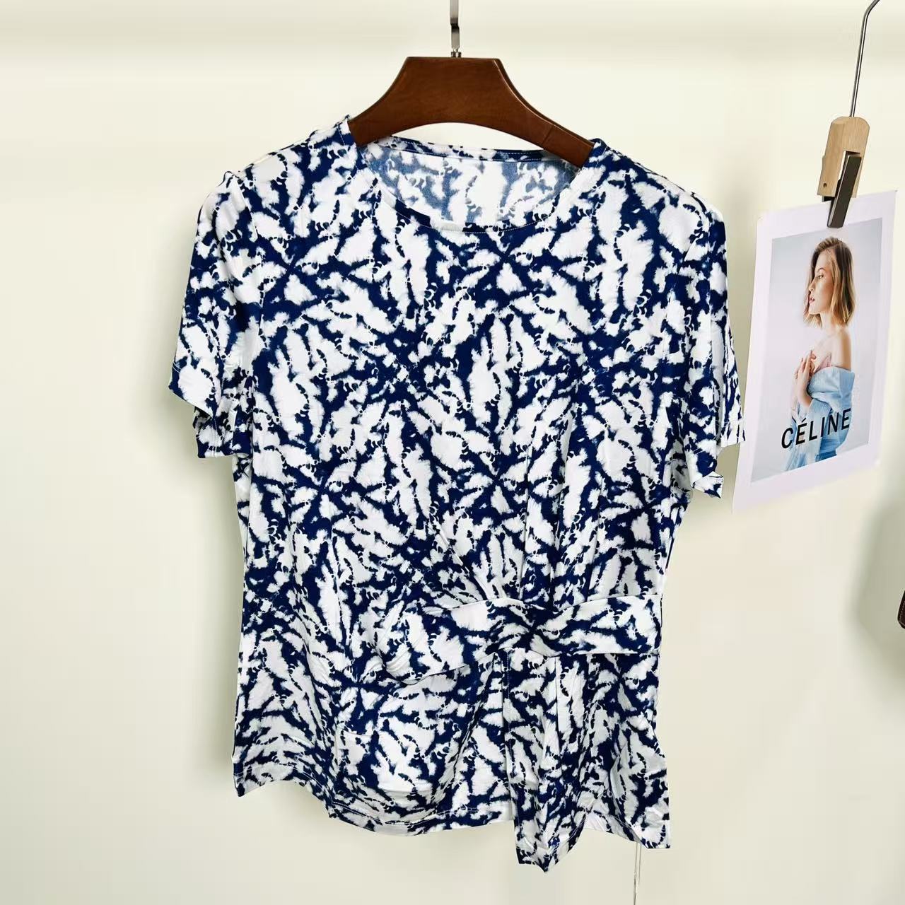 米瑞多娜 蓝色扎染 圆领真丝针织短袖100%桑蚕丝 女上衣2507