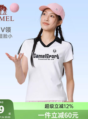 骆驼运动短袖T恤女2026夏季polo小v领冰感美式复古休闲翻领上衣
