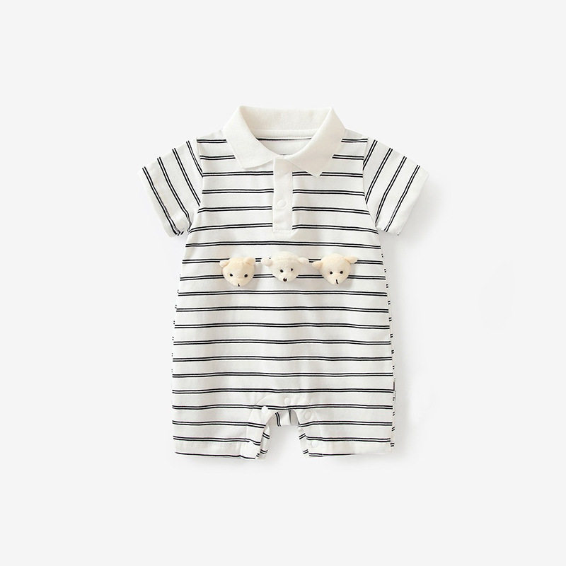 三只熊翻领连体衣婴儿衣服夏装薄款新生可爱男宝宝满月百天爬服图片
