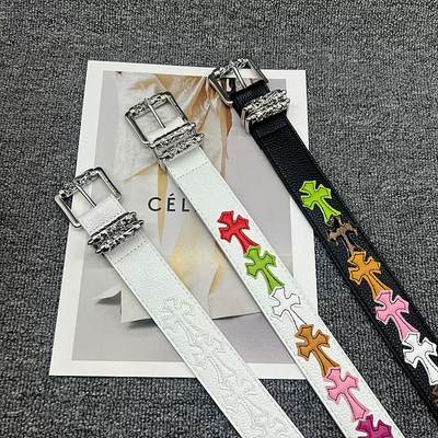 新款针扣贴皮白色皮带男女滚轮镂空藤蔓腰带十字架复古y2k皮带潮