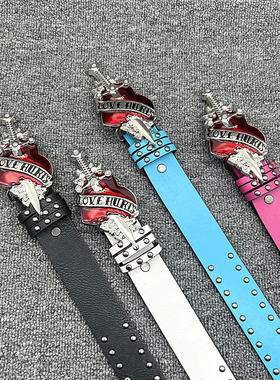 辣妹小众设计W皮带潮流星芒金属扣朋克腰带黑色ins风Y2K腰带情侣