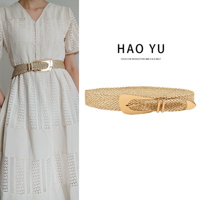连衣裙皮带pp草金色编织腰带