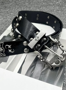 美式复古做旧雕花金属腰带2025新款小众设计朋克柳钉皮带男女同款