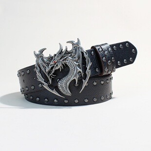 暗黑风时尚嘻哈朋克亚文化生肖酷炫龙腰带小众男女百搭铆钉皮带潮