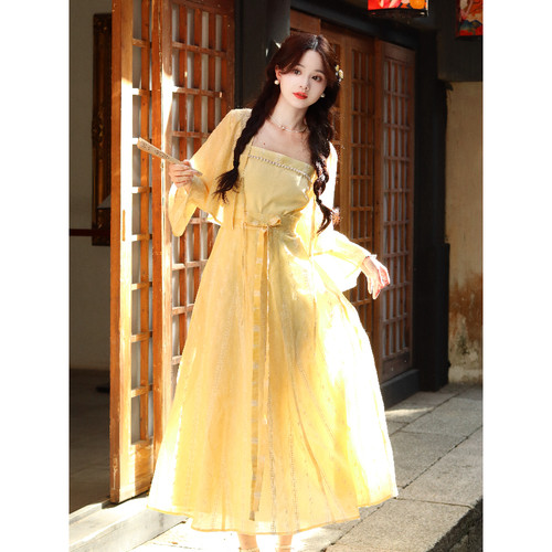 瑶西【玉生月】出游度假气质穿搭长裙汉服新中式黄色女装裙子