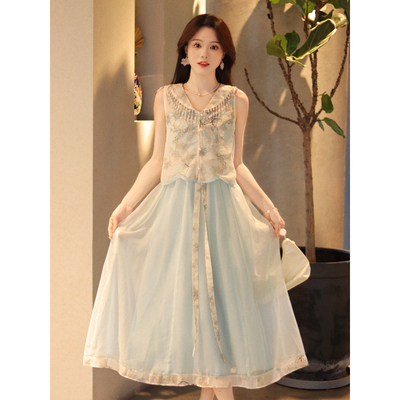 瑶西【时序】无袖上衣长裙女夏巨好看汉服新中式吊带连衣裙