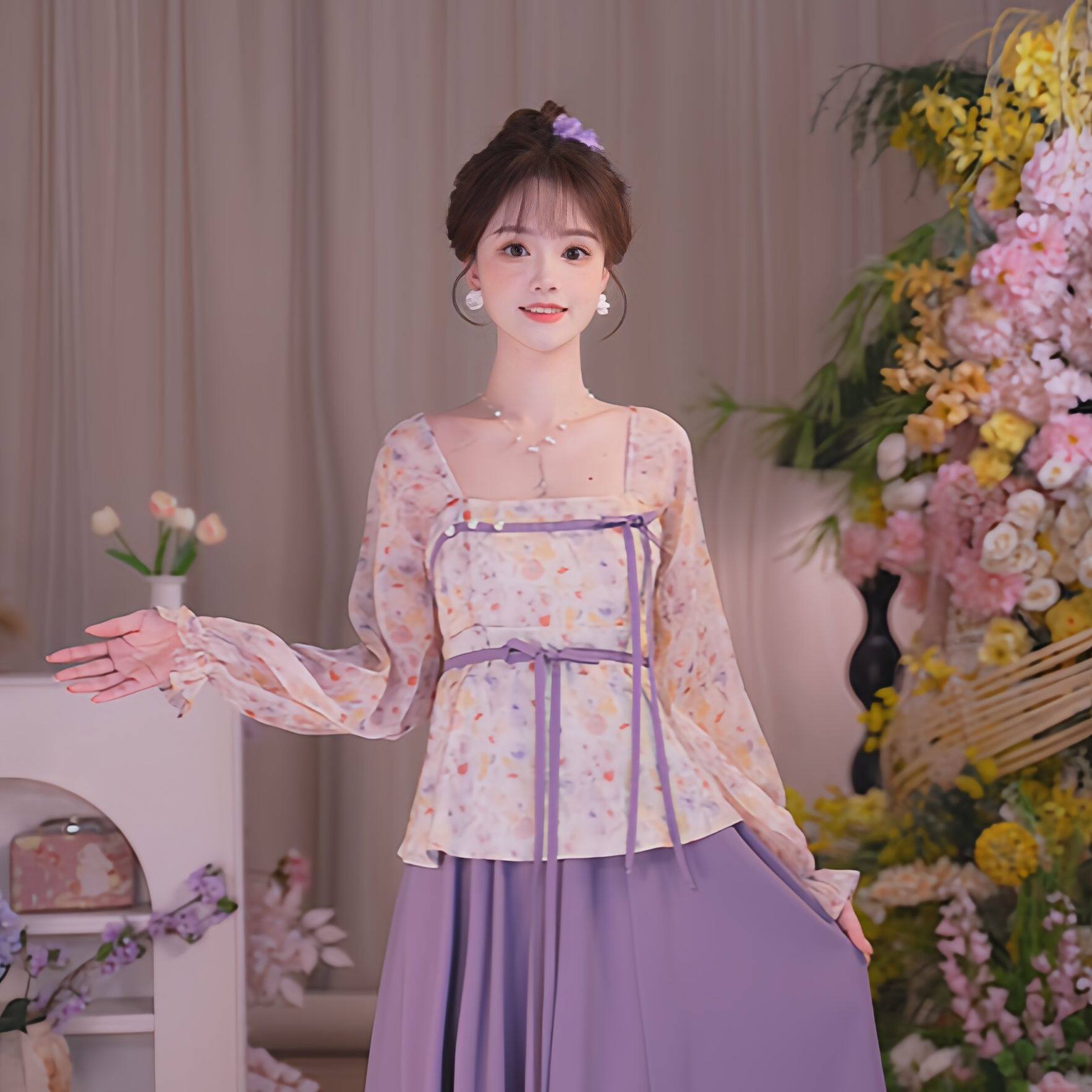 瑶西【花枝影】国风原创日常出游假两件设计感紫色连衣裙