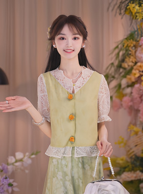 瑶西青提花影白绿撞色汉服套装