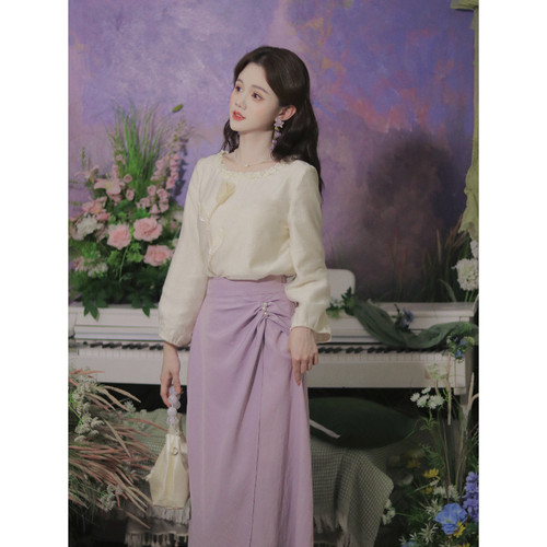 瑶西【紫木槿】紫色长裙女装气质裙子改良国风汉服新中式两件套装