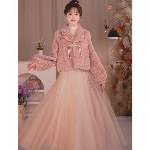 半身纱裙套装粉蔻山茶杏色花盘扣