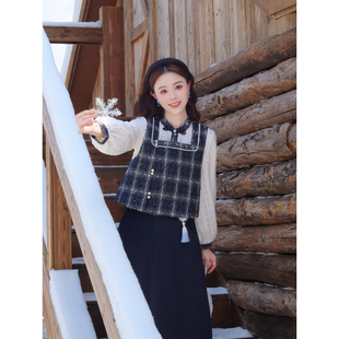 瑶西【墨云间】秋冬原创国风汉元素裙子外套格纹马甲时尚三件套