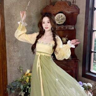 原创清新浅黄拼豆绿刺绣改良齐胸汉元 新款 素连裙 画意苏提 瑶西