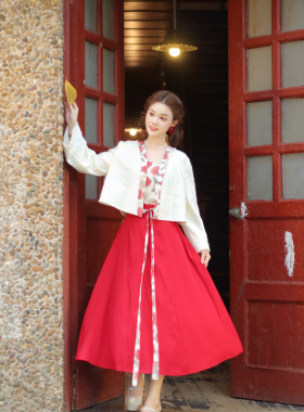 瑶西【红玫一舞】红色巨好看的早秋外套加绒汉服新中式裙子三件套