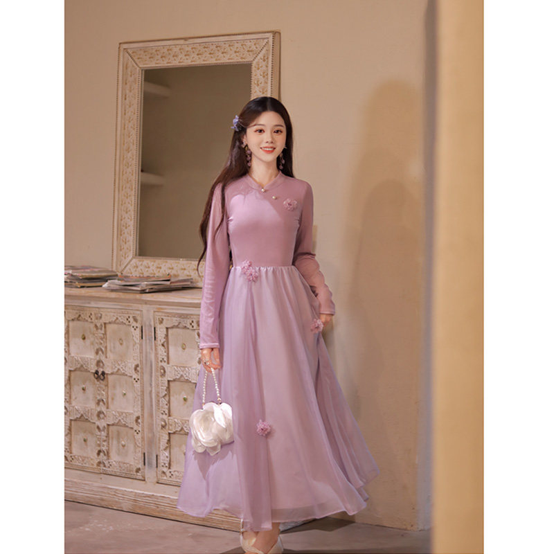 瑶西【花解语】紫色立领长袖立体花朵秋季新款汉服新中式连衣裙
