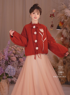 立体毛球郁金香厚外套加绒纱裙
