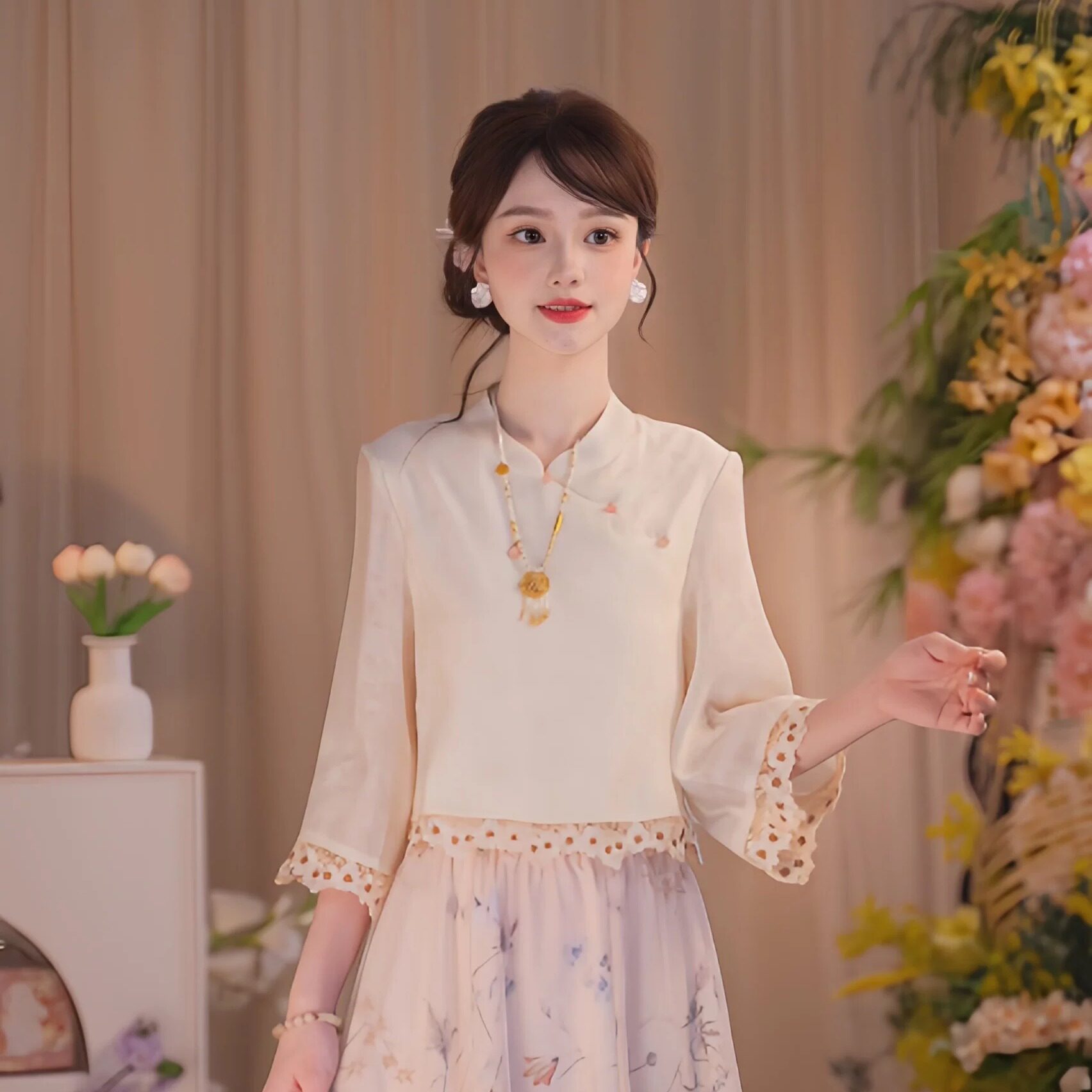 瑶西【白茶花雨】国风原创改良日常温婉刺绣拼接上衣半身印花纱裙