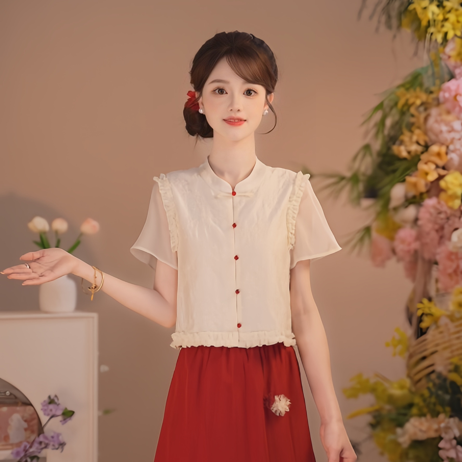 瑶西【红颜花月】国风汉原创改良日常气质木耳边盘扣上衣红色半裙