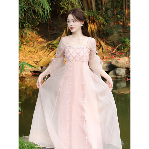 瑶西【沐花池】汉服连衣裙夏新款国风小裙子粉色