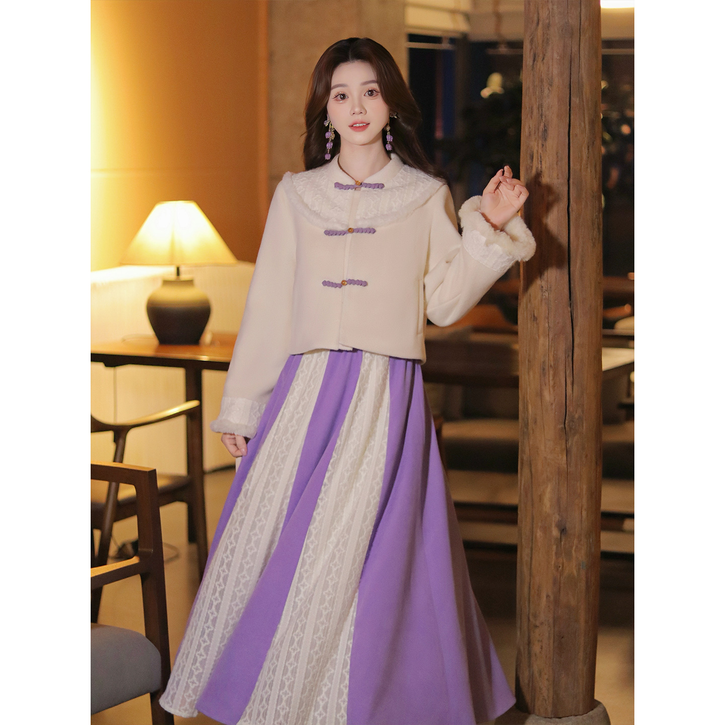 瑶西【远山暮紫】米白温柔短外套紫白拼接蕾丝长裙国风汉服两件套