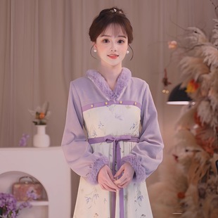 碎花长款 仙雾紫V领毛领加绒款 冬季 连衣裙 清仓·紫铃暮雪