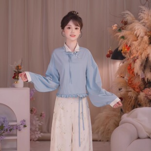 瑶西【白茶蓝锦】26新款国风原创明制衣改良宋裤改良汉元素套装