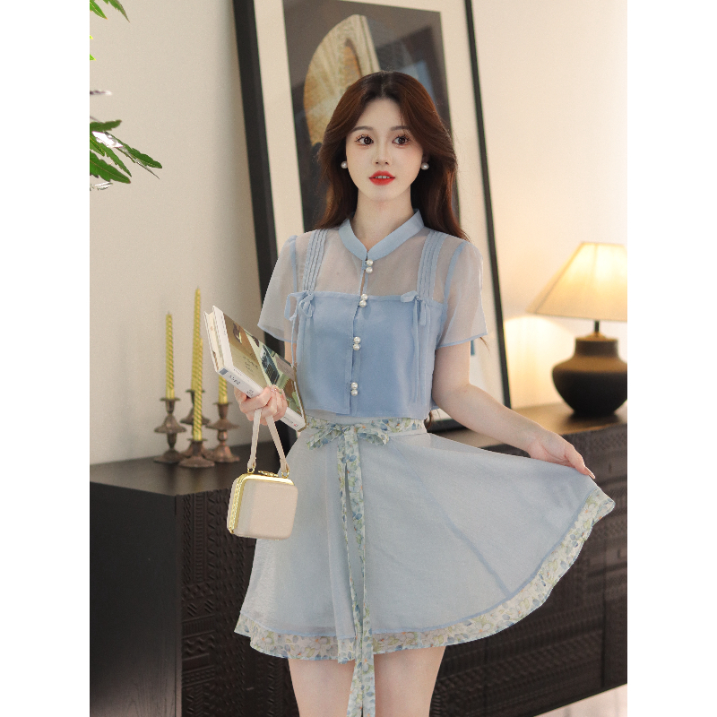 瑶西【晴天】女夏蓝色天丝巨好看的短裙出游汉服新中式裙子两件套