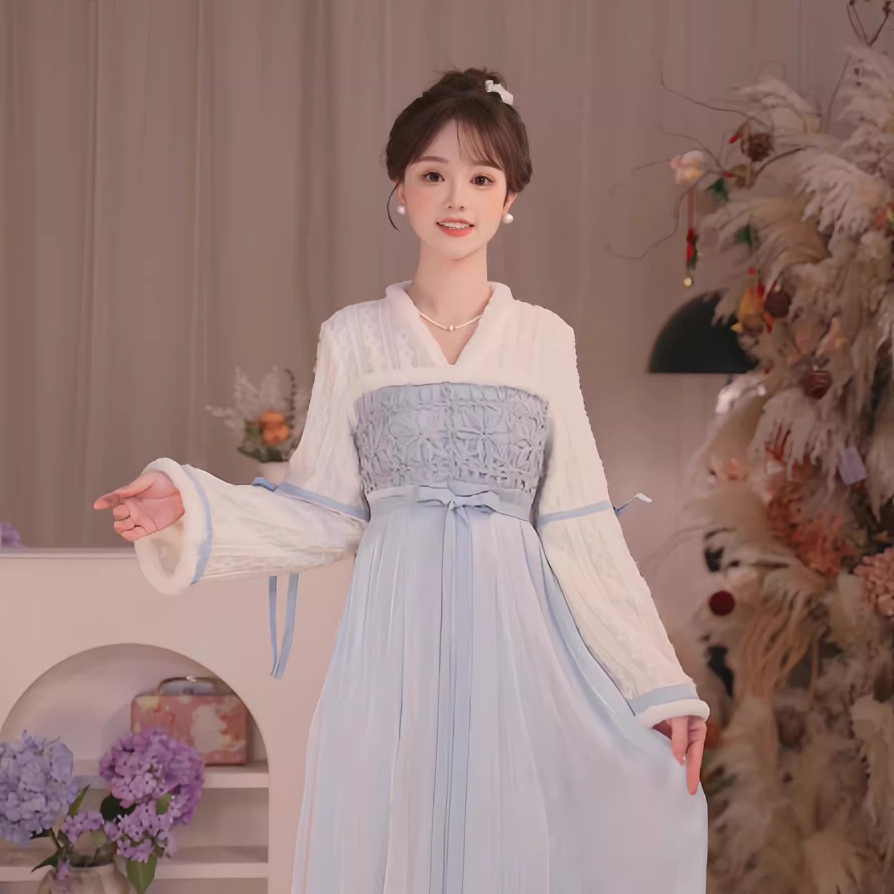 瑶西【清蓝琉光】冬季新款国风仙气天青色改良汉元素女连衣裙,女装/女士精品,汉服连衣裙,淘宝优惠券,粉丝福利购,淘宝优惠卷