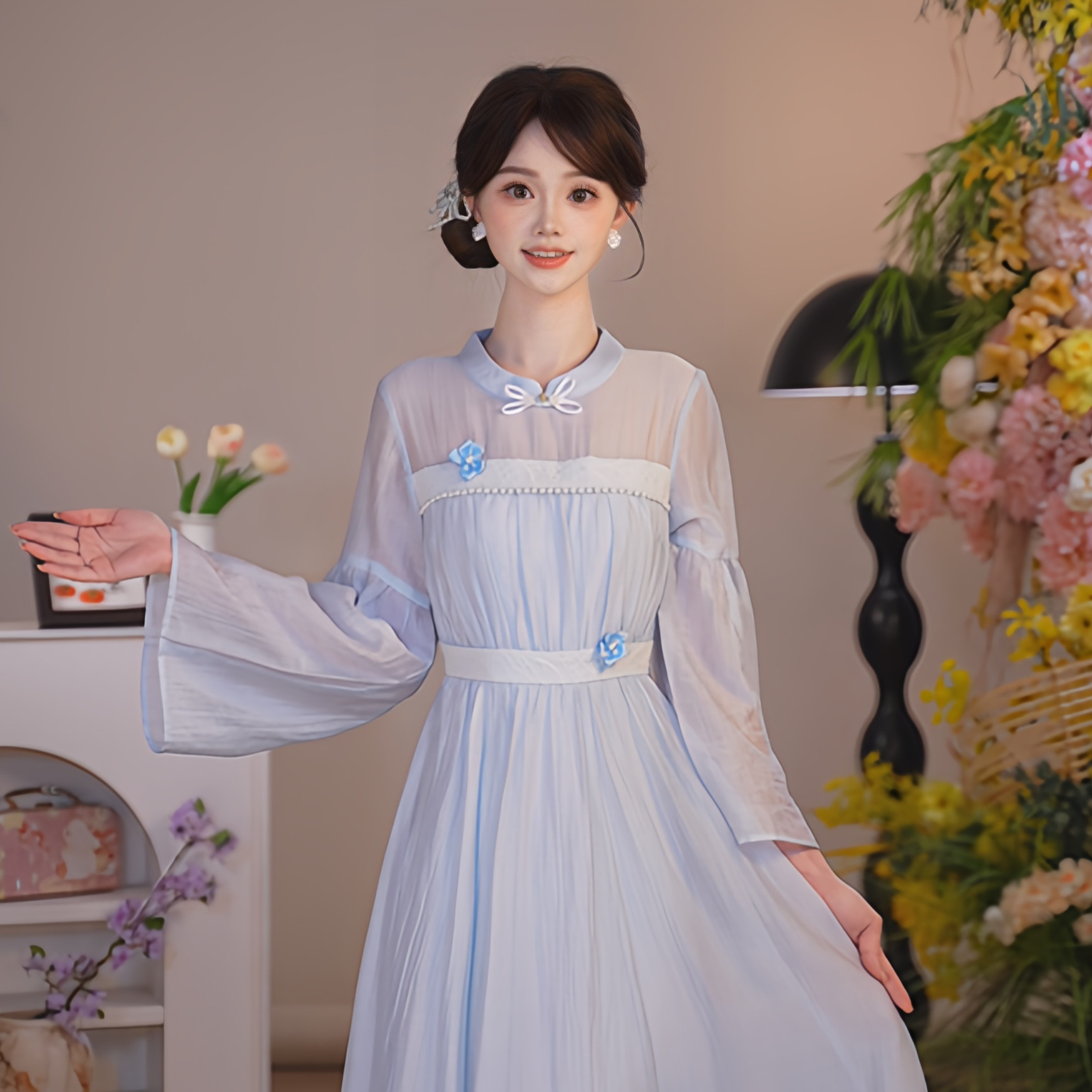 瑶西【观下季和】国风原创日常汉服天丝立体花青瓷蓝喇叭袖连衣裙