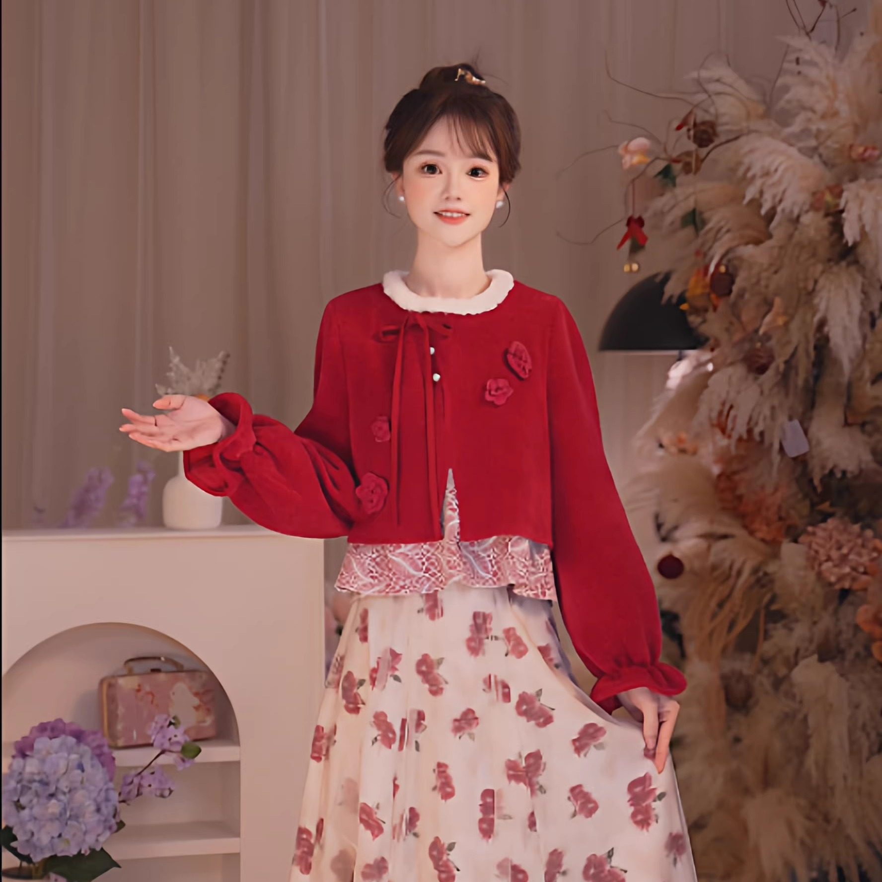 瑶西【山茶红影】冬季新款国风汉元素假两件上衣碎花半裙套装,女装/女士精品,汉服套装,淘宝优惠券,粉丝福利购,淘宝优惠卷