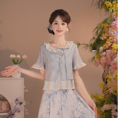 瑶西国风蕾丝拼接假两件汉服套装