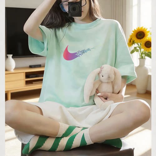 奥莱专柜夏薄荷绿纯棉短袖T恤女