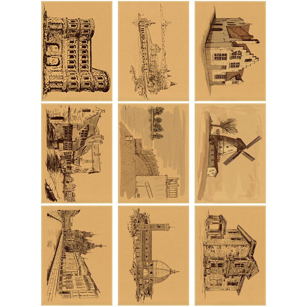 怀旧复古建筑素描线稿海报房间墙面装饰画拍摄背景布置道具墙贴画图片