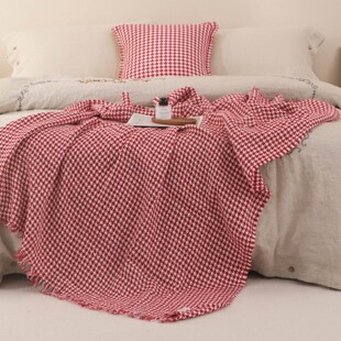 外贸汉麻盖毯千鸟格流苏毯新年氛围感沙发毯午睡毯过年喜庆床尾毯