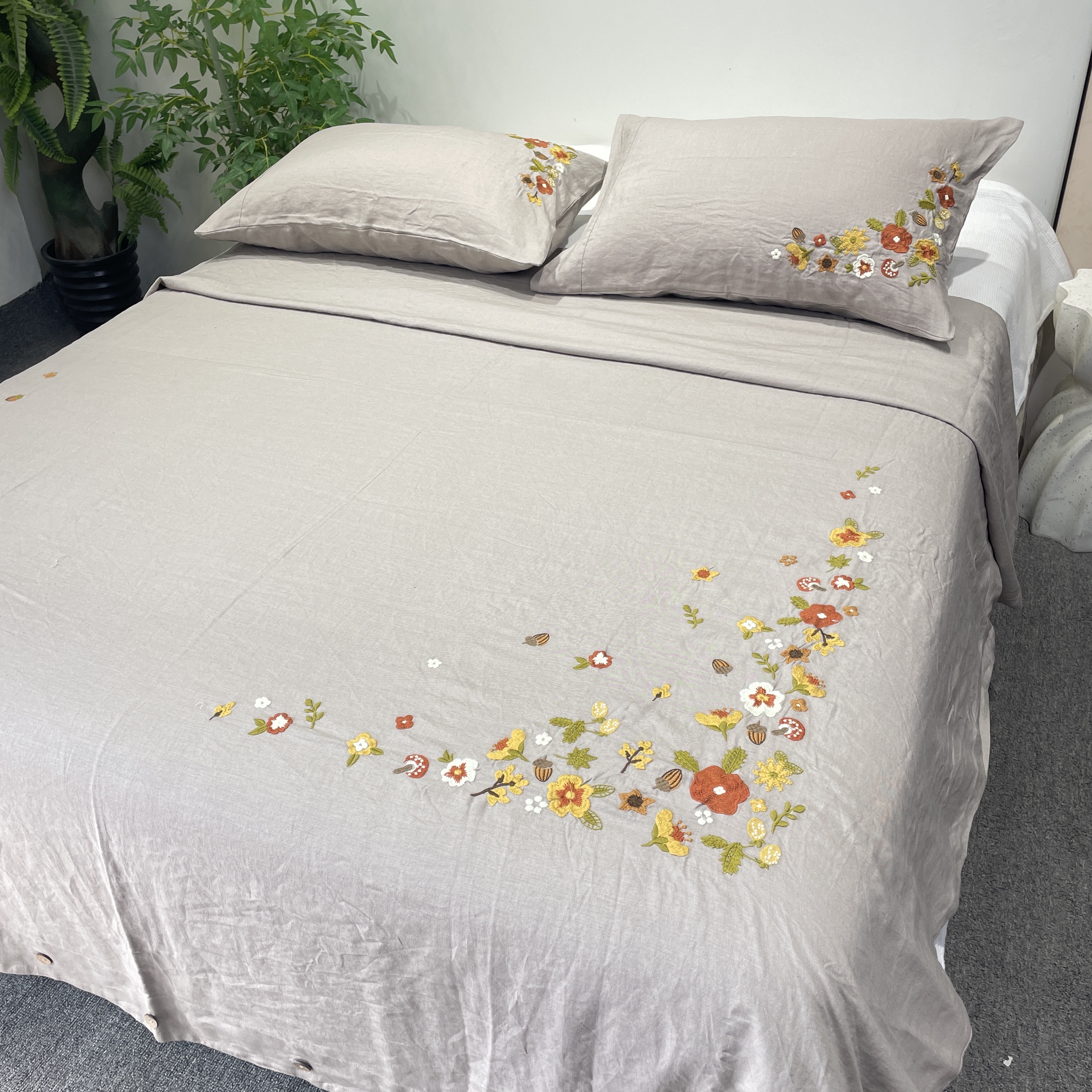 【专享341】好货清仓汉麻重工绣线四件套纯色简约风刺绣绣花床品